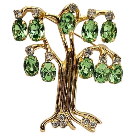 KJL Tree Of Life Green Uranium Glass Rhinestone Dangle Brooch Pin Signed, J104 - Picture 9 of 9